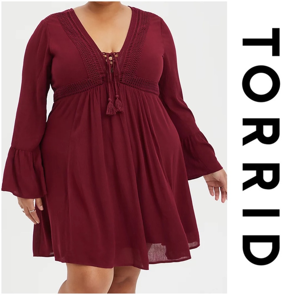 TORRID BURGUNDY GAUZE LACE-UP SKATER DRESS